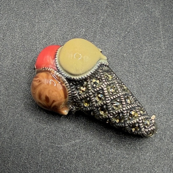 Judith Jack Jewelry - Judith Jack Sterling Silver Marcasite Enamel Ice Cream Cone Brooch Pin Jewelry